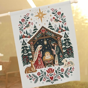Scandinavian Nativity Garden Flag, Nordic Folk Art Christmas Yard Decor