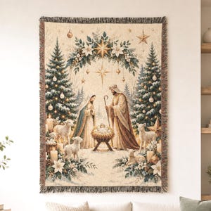 Nativity Woven Blanket, Holy Family Christmas Throw, Manger Scene Decor
