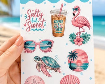 Coastal Sticker Sheet, Beach Vibes, Sea Turtle, Flamingo, Sunset, Watercolor Designs