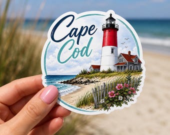 Cape Cod Lighthouse Sticker, Coastal New England Decal, Cape Cod Souvenir, Beach Travel Sticker, Red and White Lighthouse Vinyl Decal
