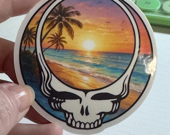 Grateful Dead Beach Skull Sticker | Deadhead Sunset Vinyl Decal | Hippie Aesthetic Ocean Sticker | Waterproof Laptop Water Bottle Sticker