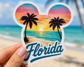 Florida Sunset Mouse Ears Sticker, Tropical Palm Tree Beach Decal, Vinyl Souvenir