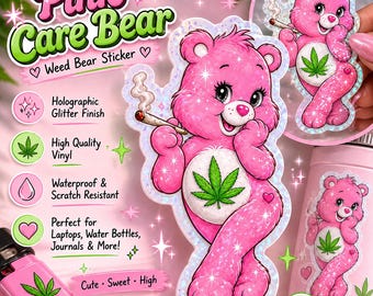 Pink Holographic Weed Bear Sticker | Cute 420 Vinyl Sticker | Pink Bear Decal | Waterproof Glitter Sticker | Stoner Gift | 80’s Sticker
