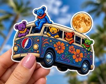Hippie Bus Bear Sticker Inspired by Grateful Dead | Dancing Bear Van Decal | Deadhead Sticker | Psychedelic Moon Sticker | Jam Band Decal