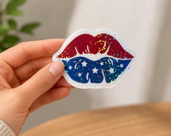 Patriotic Glitter Lips Sticker, American Flag Decal, Fourth of July Holographic Vinyl (Waterproof)
