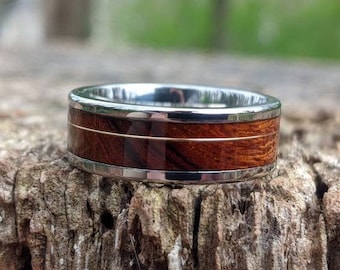 Hand Made Titanium Wedding Band with Ironwood and Gold Inlay, Titanium Mens Ring, Men's Wedding Band, Men's Titanium Rings With Wood,