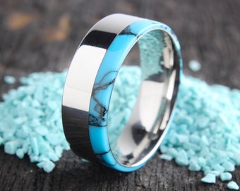 Wedding Band with Turquoise Inlay, Women's Rings Turquoise, Men's Rings Turquoise, Women's Wedding Bands Turquoise, Wedding Bands Turquoise