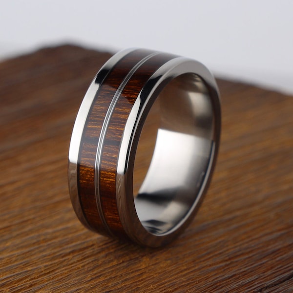 Titanium Wedding Band: Ironwood Inlay, Piano Wire Detail
