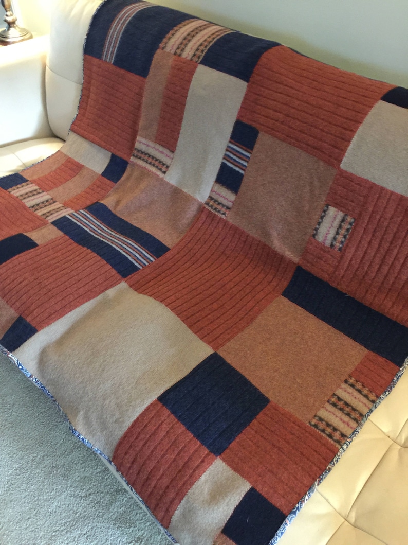 Upcycled wool sweater blanket throw with traditional cotton Etsy