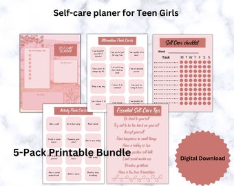 Selfcare planner for teen girls, printable checklist Mental health and wellness, daily wellbeing selfcare affirmations, fun flash activity.