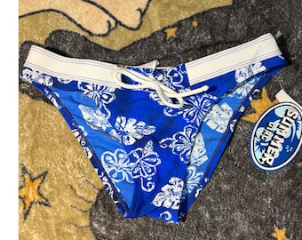 Summer Girl Blue White Tropical Hibiscus Bikini Bottoms Small NWT Made in Taiwan
