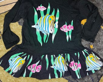 Abito vintage Spumoni by Rose Cage con pesci tropicali, nero, per bambine, taglie 7-14.