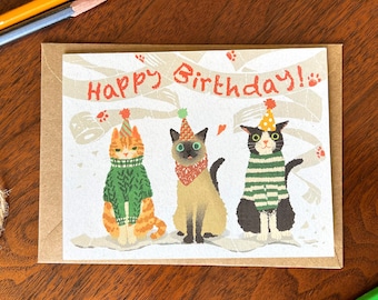 Cat Birthday Card - Siamese, Tuxedo cat,Yellow tabby, Art Print, Gift, Handmade, Cat Lover, Illustration Card, Unique