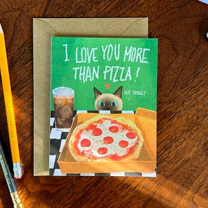 Carte de vœux pour chat et pizza amateur | Saint-Valentin, Noël, Fait main, Impression d’art, Carte de remerciement, Siamois, Cat Lady, Food Lover