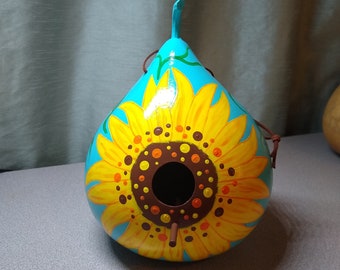 Birdhouse Gourd - Sunflower on Turquoise