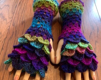 Crocheted dragon scales fingerless gloves arm warmers dragon tears fingerless gloves rainbow mermaid fingerless gloves arm warmers #FG41