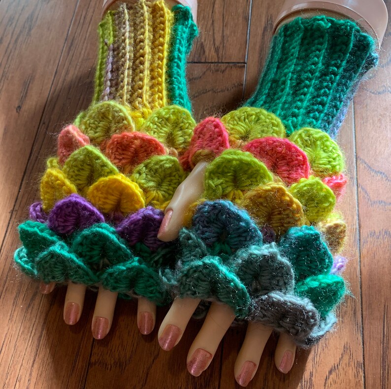 Crocheted dragon scales fingerless gloves hand warmers dragon tears fingerless gloves hand warmers rainbow dragon gloves dragon gloves FG119