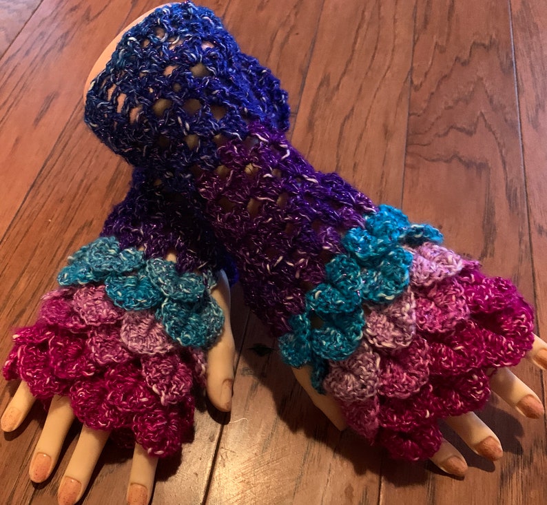 Crocheted dragon scales fingerless gloves arm warmers dragon tears fingerless gloves rainbow mermaid fingerless gloves arm warmers #FG41