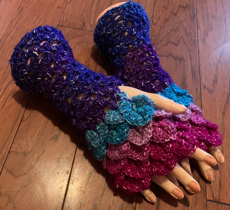 Crocheted dragon scales fingerless gloves arm warmers dragon tears fingerless gloves rainbow mermaid fingerless gloves arm warmers #FG41