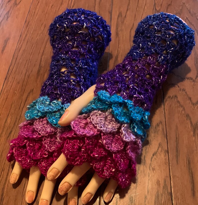 Crocheted dragon scales fingerless gloves arm warmers dragon tears fingerless gloves rainbow mermaid fingerless gloves arm warmers #FG41
