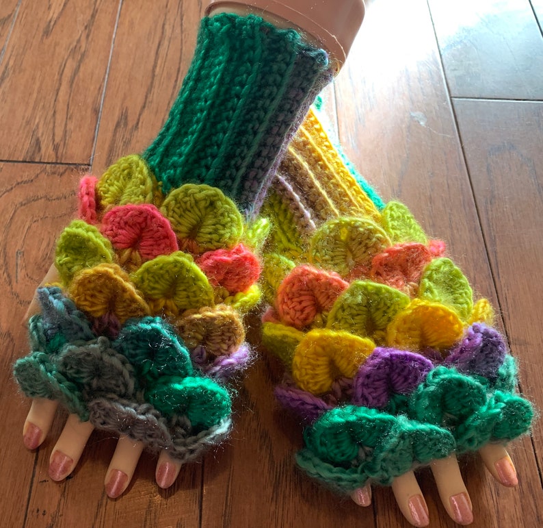 Crocheted dragon scales fingerless gloves hand warmers dragon tears fingerless gloves hand warmers rainbow dragon gloves dragon gloves FG119