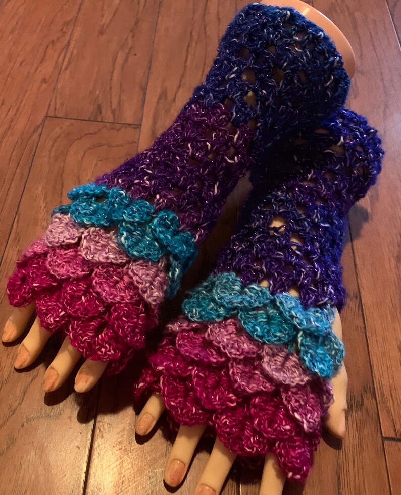 Crocheted dragon scales fingerless gloves arm warmers dragon tears fingerless gloves rainbow mermaid fingerless gloves arm warmers #FG41