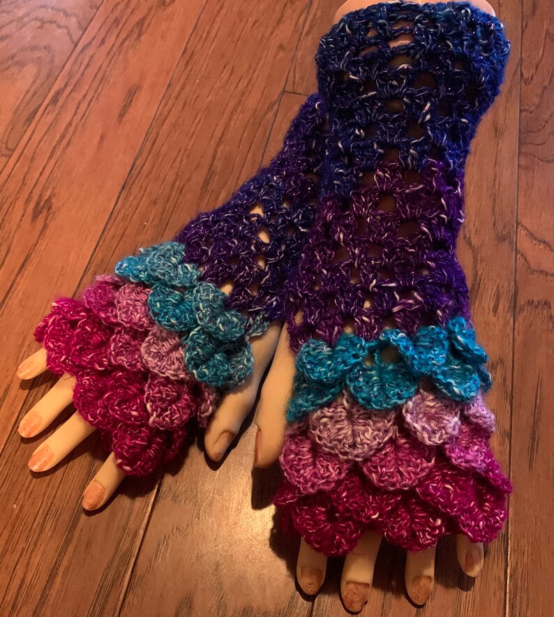 Crocheted dragon scales fingerless gloves arm warmers dragon tears fingerless gloves rainbow mermaid fingerless gloves arm warmers #FG41