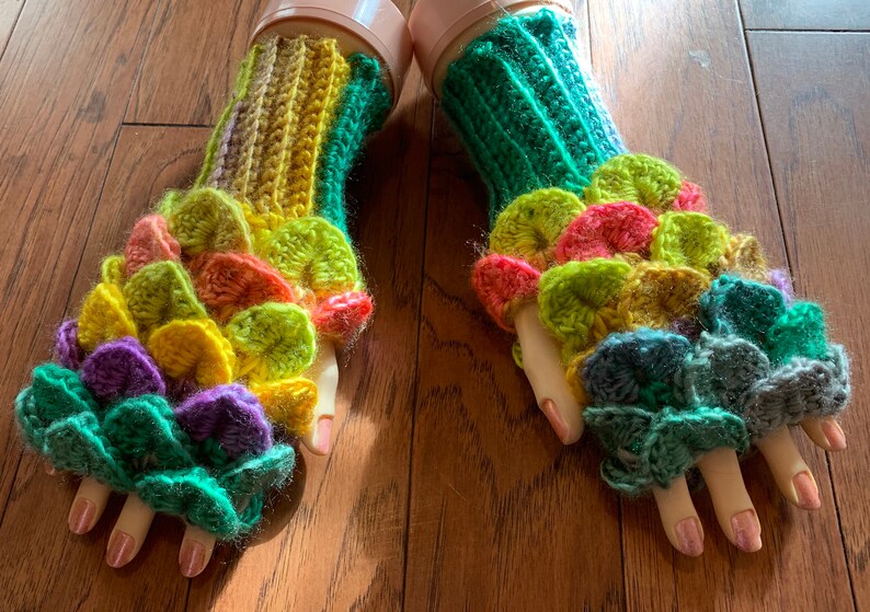 Crocheted dragon scales fingerless gloves hand warmers dragon tears fingerless gloves hand warmers rainbow dragon gloves dragon gloves FG119