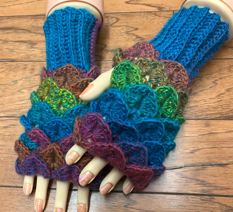 Crocheted rainbow dragon scales fingerless gloves rainbow dragon tears fingerless gloves dragon scales rainbow driving gloves List #FG214