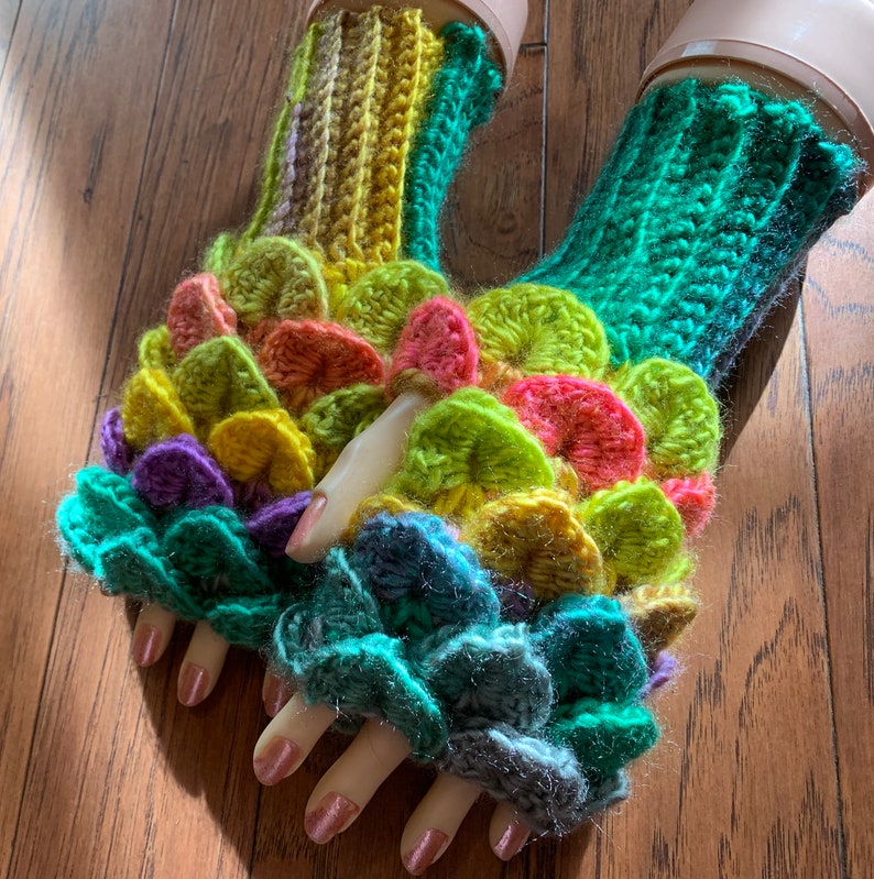 Crocheted dragon scales fingerless gloves hand warmers dragon tears fingerless gloves hand warmers rainbow dragon gloves dragon gloves FG119