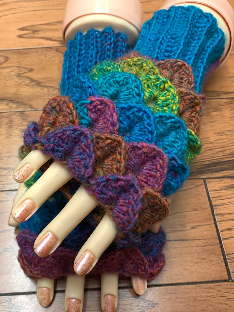 Crocheted rainbow dragon scales fingerless gloves rainbow dragon tears fingerless gloves dragon scales rainbow driving gloves List #FG214