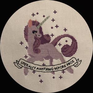 May include: Purple unicorn cross-stitch embroidery with a banner that reads "Literally anything before bros".