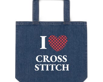 I Heart Cross Stitch Denim Tote