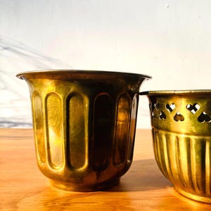 Vintage Indian Brass Planter Pair | Heart Cutout Cachepot & Fluted Brass Pot | Warm Patina Small Indoor Plant Set