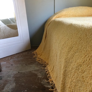 Vintage Chenille Single Bedspread | Butter Yellow Fringed Throw | Cottagecore Farmhouse Bedding | Mid Century Textile