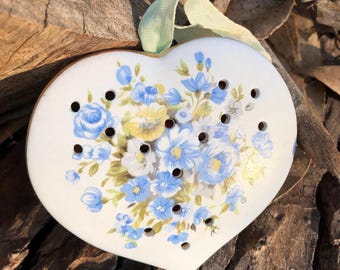 Vintage Japanese Porcelain Heart Potpourri Holder | Blue Floral Pierced Ceramic | 1970s-80s Cottage Romantic Decor | Made in Japan