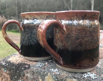 Hand Thrown Australian Studio Pottery Mugs Pair | Tenmoku Drip Glaze Stoneware | Rustic Coffee Mugs | Set of 2