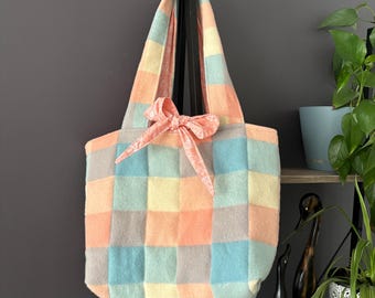 Upcycled Wool Check Tote Bag: Pastel Blanket, Floral Bow