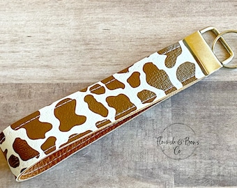 Brown Cow Wristlet Keychain, Brown Cow Wristlet Key Fob, Key Fob Brown Cow Print, Keychain Brown Cow Print, Brown Cow Print Wristlet Lanyard