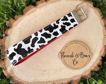 Cow Print Wristlet Keychain, Cow Print Wristlet Key Fob, Cute Cow Keychain, Cow Print Lanyard, Cow Print Wristlet Lanyard, Faux Leather Cow