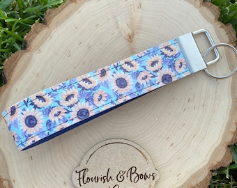 Sunflower Wristlet Key Fob, Sunflower Wristlet Keychain, Cute Floral Keychain, Sunflower Wristlet Lanyard, Faux Leather Wristlet Key Fob