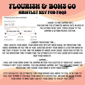 May include: A graphic with the text "FLOURISH & BOHS CO HRISTLET KEY FOB FAQS" in a retro font. The graphic provides information about shipping, processing time, and estimated arrival dates for key fob orders. It also includes details on how to find shipping information.