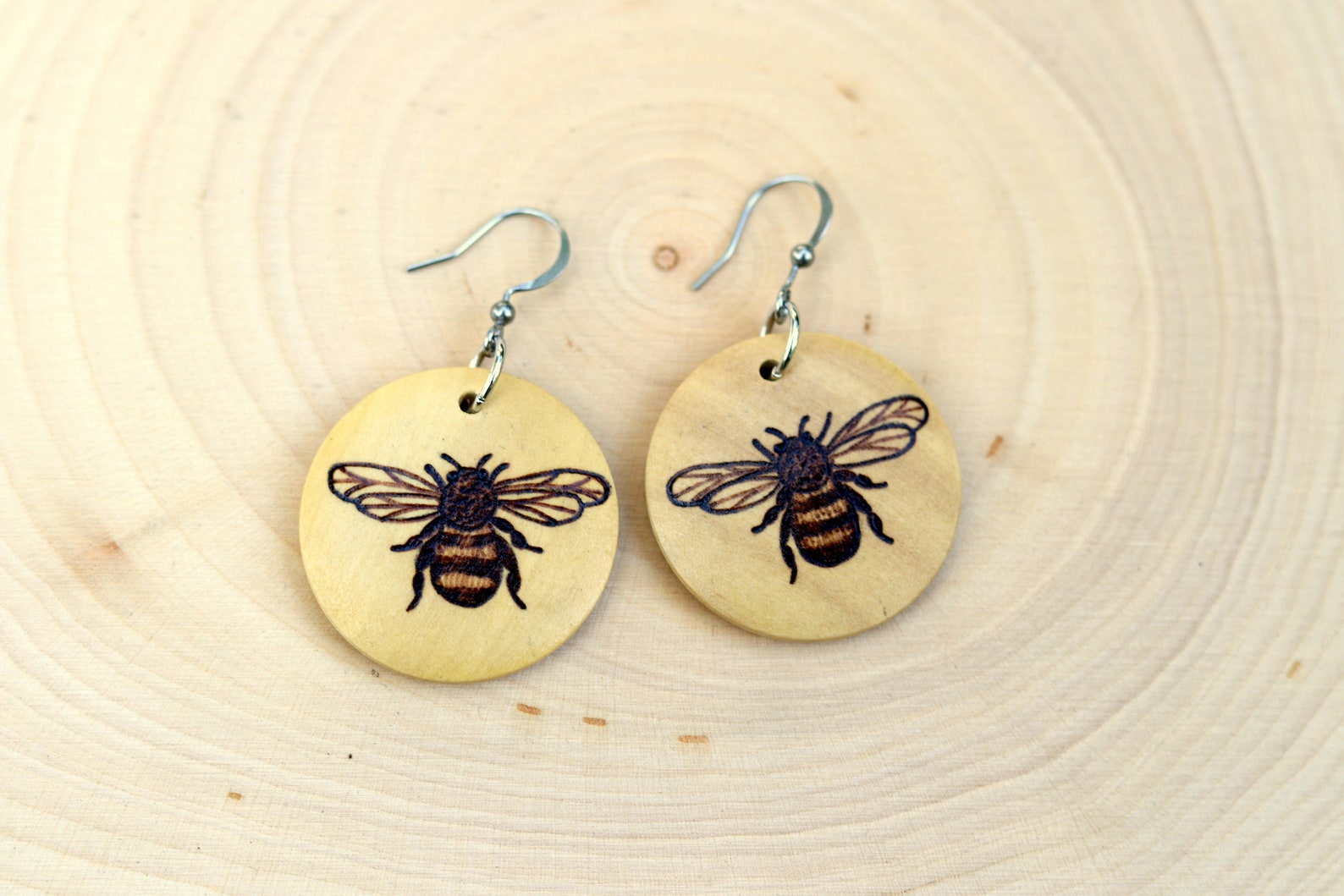 Bee earrings Bee jewelry Woodburned earrings Wooden Etsy