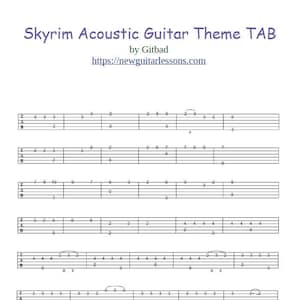 Könnte beinhalten: Gitarrentabulatur für das Skyrim Acoustic Guitar Theme. Die Tabulatur ist in Standardnotation geschrieben, wobei die Noten für jede Saite und jeden Bund angegeben sind. Die Tabulatur enthält den Text des Songs sowie einige Akkorde.