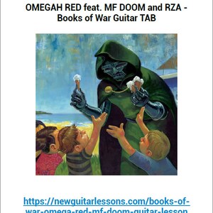 Könnte beinhalten: Eine grün gekleidete Figur mit einer Metallmaske, die dem Marvel-Comic-Charakter Doctor Doom ähnelt, ist dargestellt, wie sie zwei Eiswaffeln hält. Zwei Kinder strecken die Hände nach ihr aus, im Hintergrund ist eine Strandszene zu sehen. Der Text "OMEGAH RED feat. MF DOOM and RZA - Books of War Guitar TAB" befindet sich oben im Bild. Der Text "https://newguitarlessons.com/books-of-war-omega-red-mf-doom-guitar-lesson" befindet sich unten im Bild.