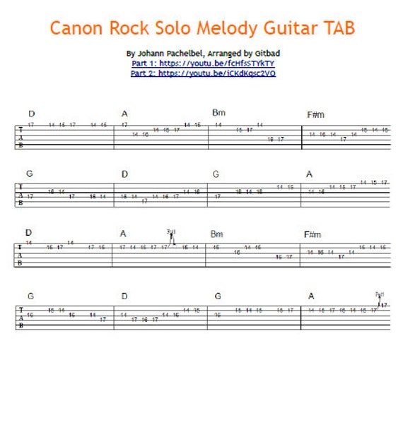 Canon Rock Solo Melody Guitar Tab Etsy