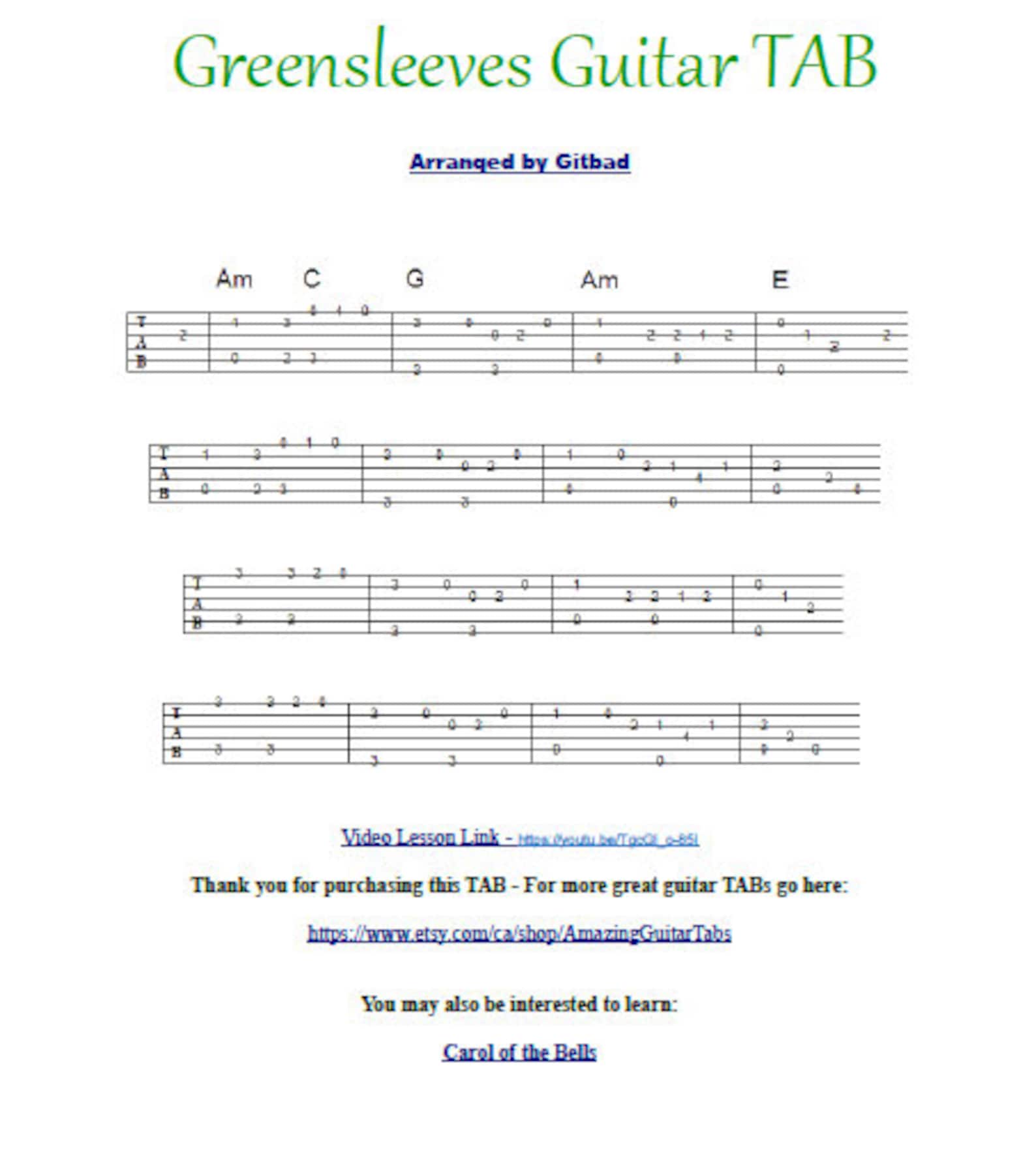 Greensleeves Guitar TAB Etsy Canada