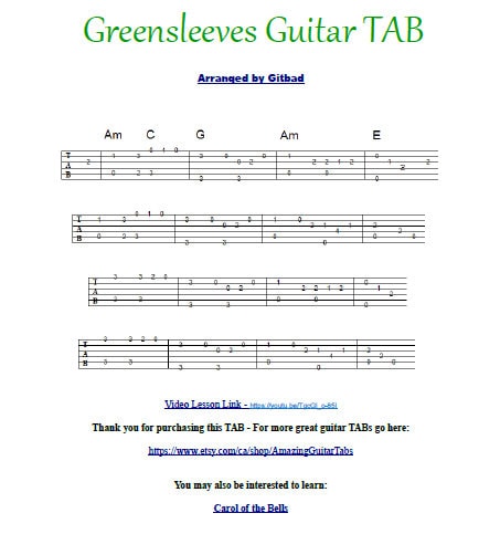 Greensleeves Guitar TAB - Etsy UK
