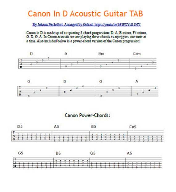 Canon In D Acoustic Guitar Tab Etsy