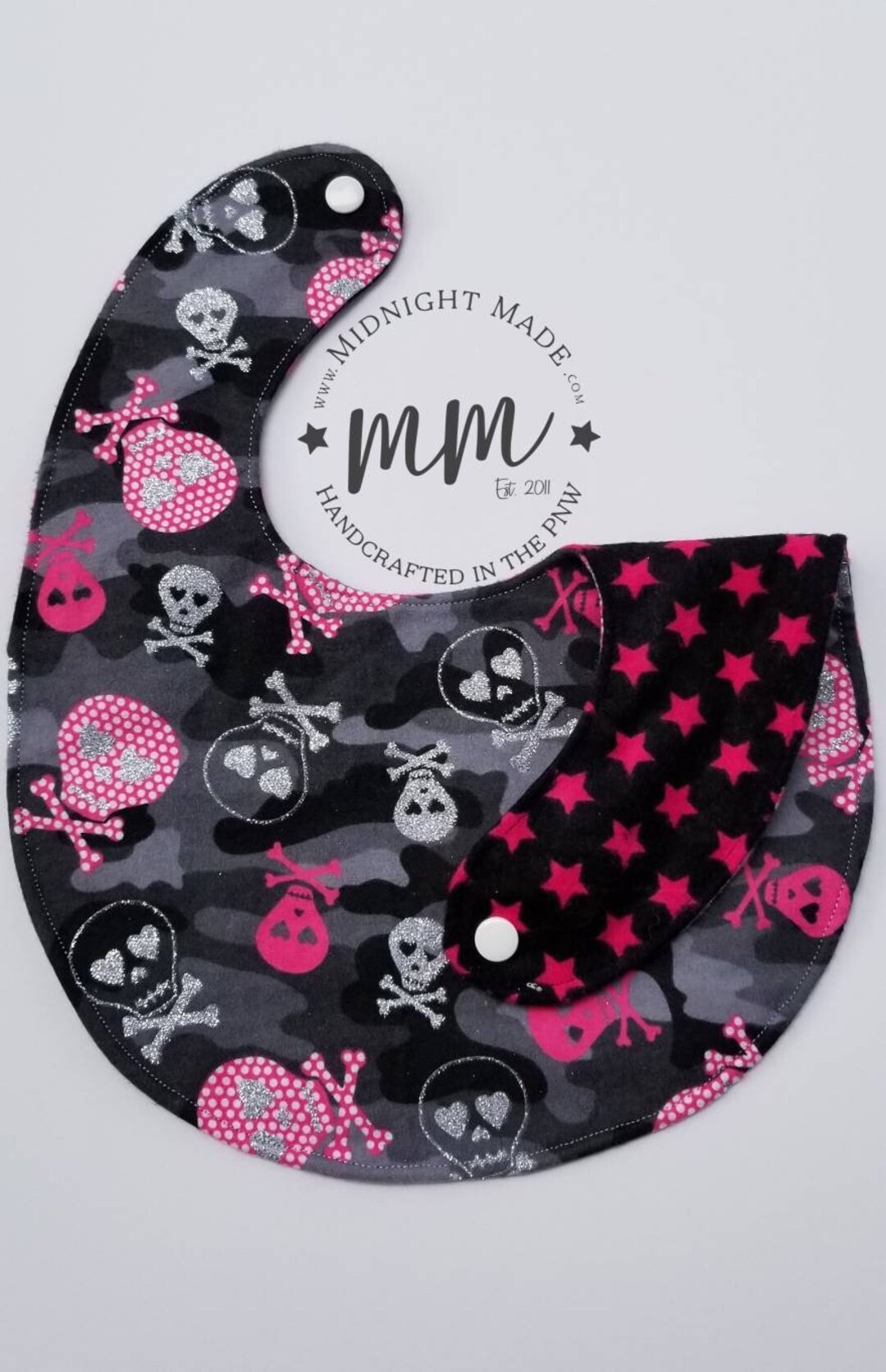 Double Sided REVERSIBLE Baby Bib Shimmer Skulls Pink Stars Etsy
